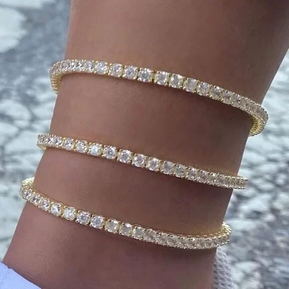 Tennis Ankle Bracelet Gold Anklet Adjustable with Extension 14K Gold Plated Iced